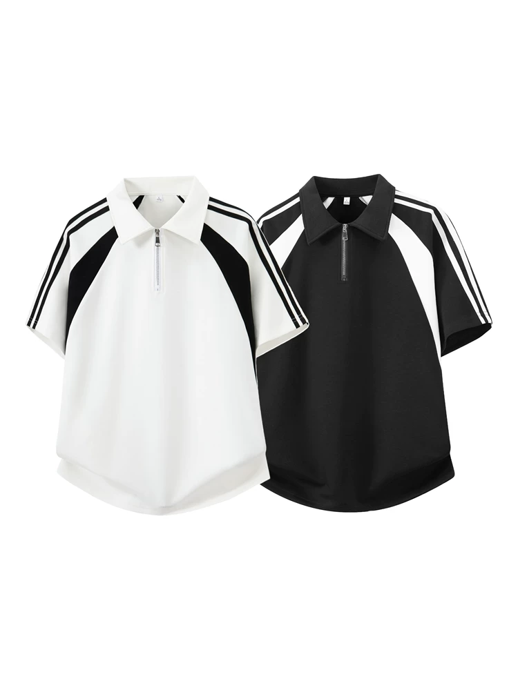 Áo polo nam Jeanswest kiểu Mỹ ba sọc phối màu, khóa kéo nửa thân, áo thun ngắn tay cao cấp thời trang mùa hè, thoáng khí.