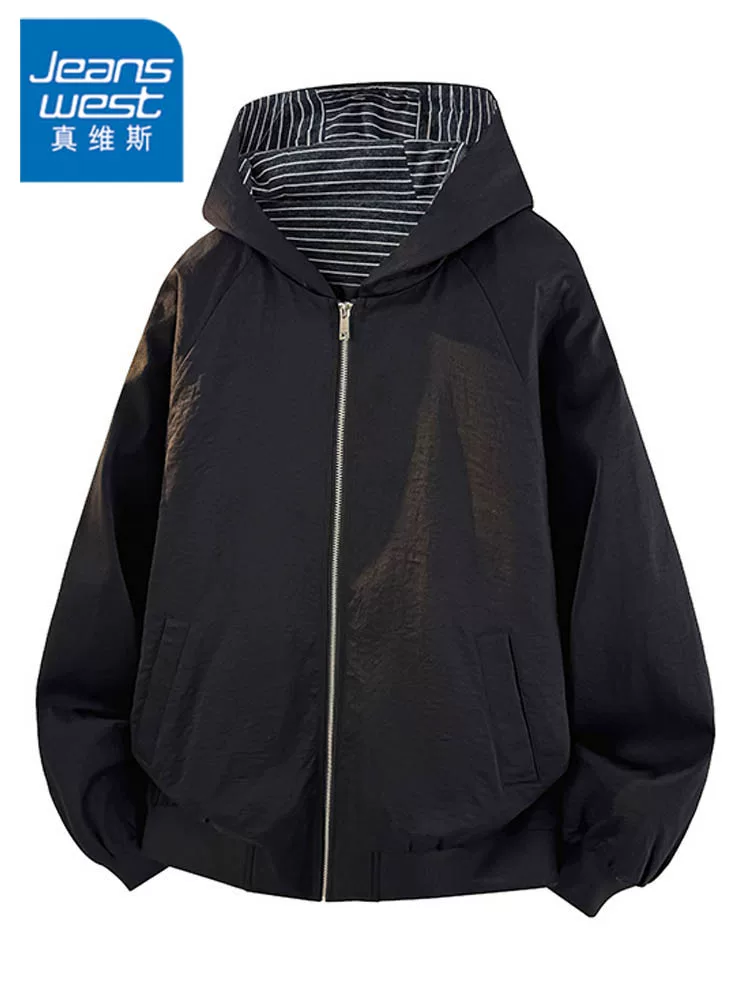 Áo khoác có mũ trùm đầu phong cách Mỹ thời thượng của Jeanswest dành cho nam, mùa xuân thu, dáng rộng, đa năng, áo khoác màu đen cao cấp.