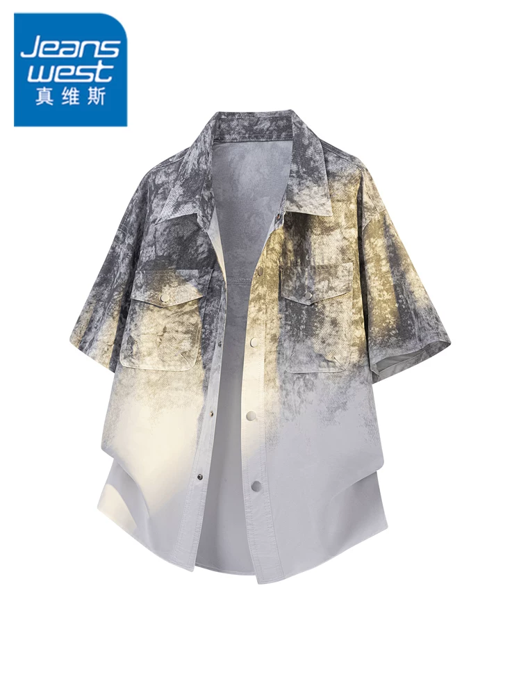 Áo sơ mi ngắn tay cổ bẻ nhuộm màu gradient phong cách Mỹ của Jeanswest dành cho nam, áo mùa hè cao cấp dáng rộng thoải mái.