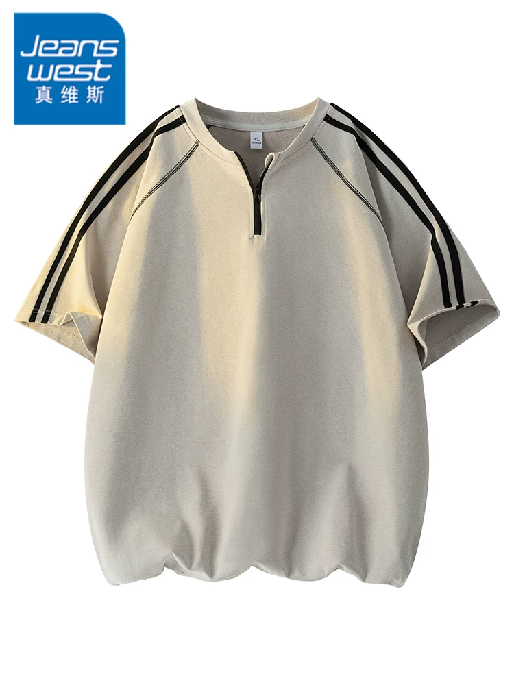 Áo thun kẻ sọc cổ tròn nửa khóa kéo kiểu Mỹ của Jeanswest dành cho nam, áo thun ngắn tay cao cấp mùa hè, rộng rãi, thoáng khí, phong cách thường ngày.