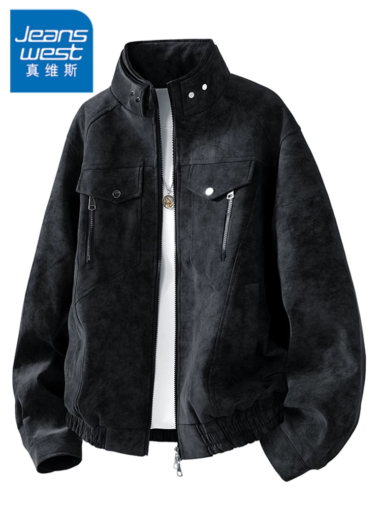 Áo khoác da PU kiểu Mỹ thời thượng của thương hiệu Jeanswest dành cho nam, mùa xuân thu, áo khoác đen rộng rãi, cá tính và thoải mái.