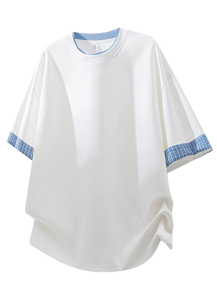 Áo thun cổ tròn tay lửng giả hai mảnh phong cách cao cấp của Jeanswest dành cho nam, áo thun màu đen dáng rộng thường ngày mùa xuân hè.