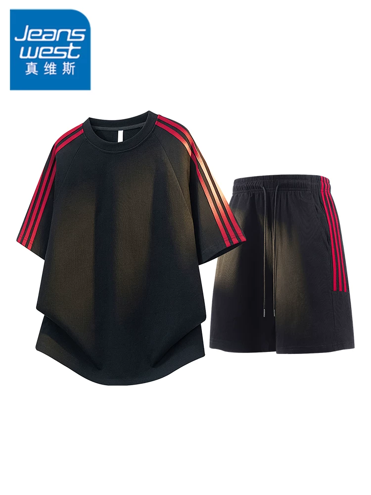 Bộ đồ thể thao nam Jeanswest kiểu Mỹ ba sọc cổ tròn tay ngắn, bộ hai mảnh mùa hè cao cấp, rộng rãi, thoải mái.