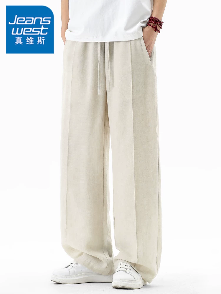 Quần dài vải lanh dáng suông phong cách Mỹ của Jeanswest dành cho nam, dáng rộng cao cấp mùa hè, thân thiện với làn da, thoáng khí, quần dài mỏng.