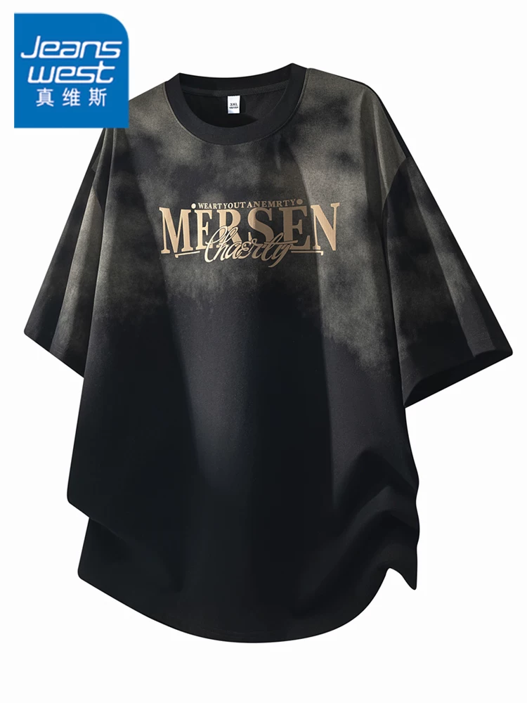 Áo thun cổ tròn phối màu chữ cái phong cách Mỹ của Jeanswest dành cho nam, áo thun ngắn tay cao cấp mùa hè, rộng rãi, thoáng khí, thân thiện với làn da.