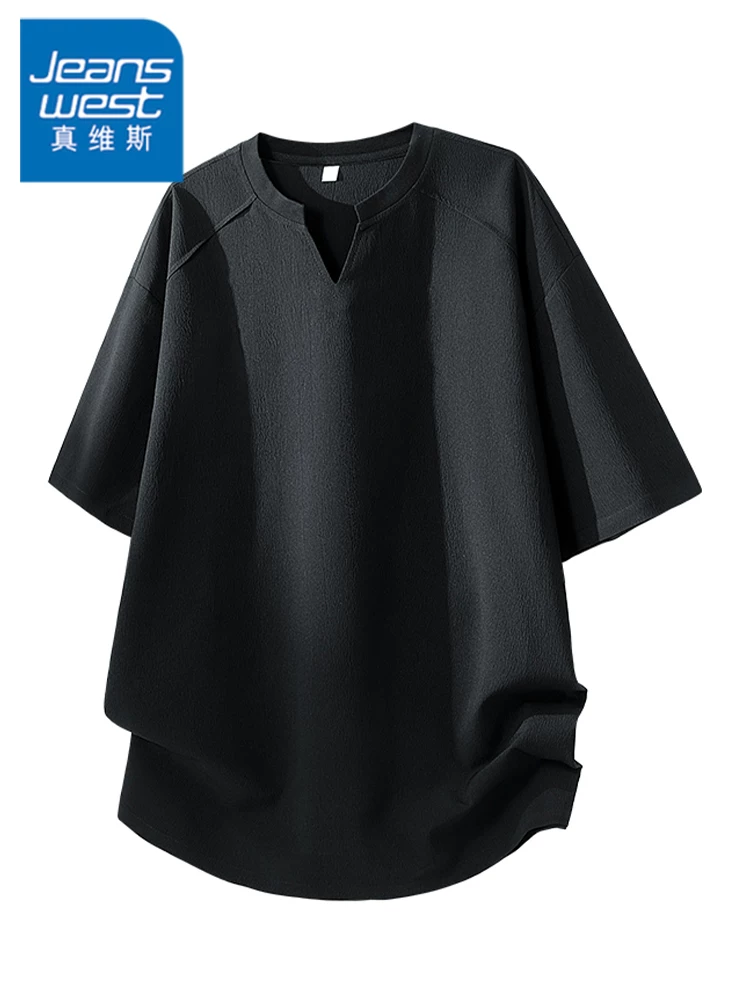 Áo thun cổ lửng tay ngắn Jeanswest dành cho nam, áo thun ngắn tay màu đen dáng rộng, phong cách giản dị, hợp thời trang mùa xuân hè.