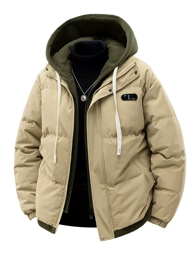 Áo khoác cotton đa năng có mũ trùm đầu giả hai lớp của Jeanswest dành cho nam, áo khoác cotton dày mùa đông, áo khoác ngoài cotton ấm áp.