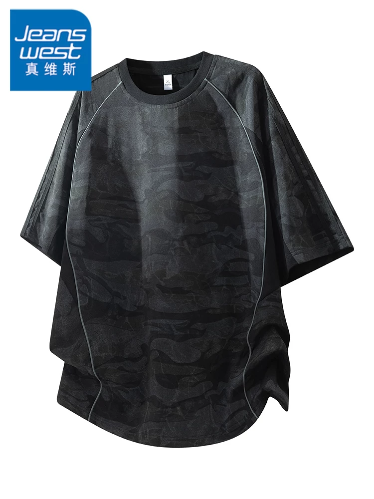 Áo thun ngắn tay màu đen ngụy trang cao cấp của Jeanswest dành cho nam, mùa xuân hè, dáng rộng, thoáng khí, thương hiệu thời thượng, áo kiểu dáng cá tính.