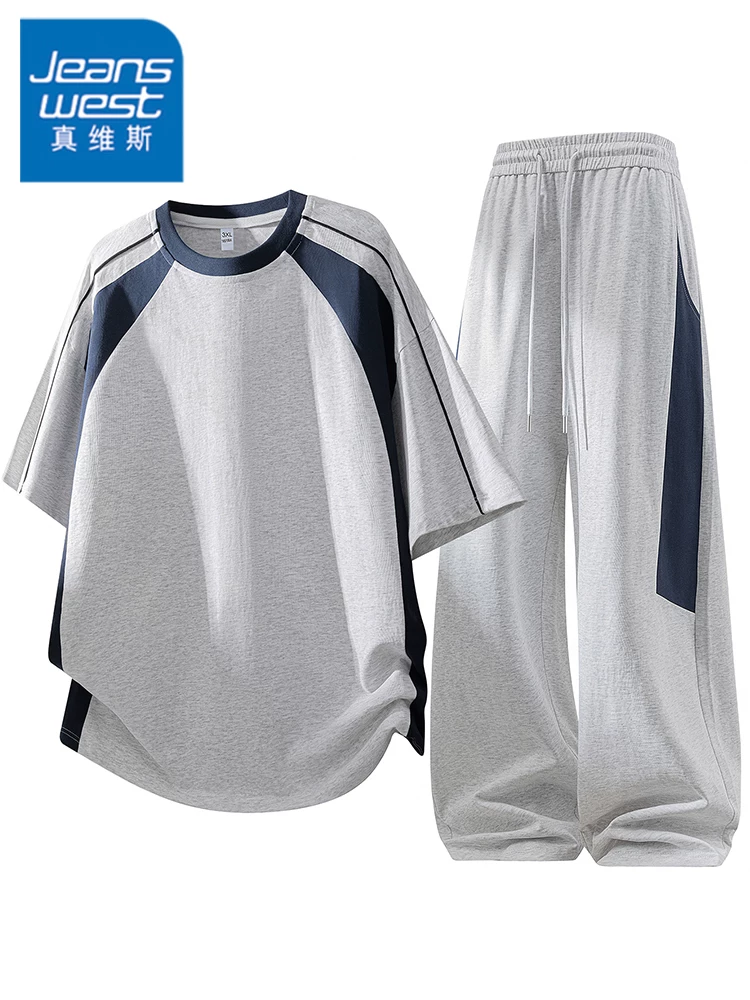 Bộ đồ thể thao cổ tròn phối màu phong cách Mỹ của Jeanswest dành cho nam, thương hiệu thời thượng cao cấp mùa hè, bộ hai mảnh mát mẻ và rộng rãi.