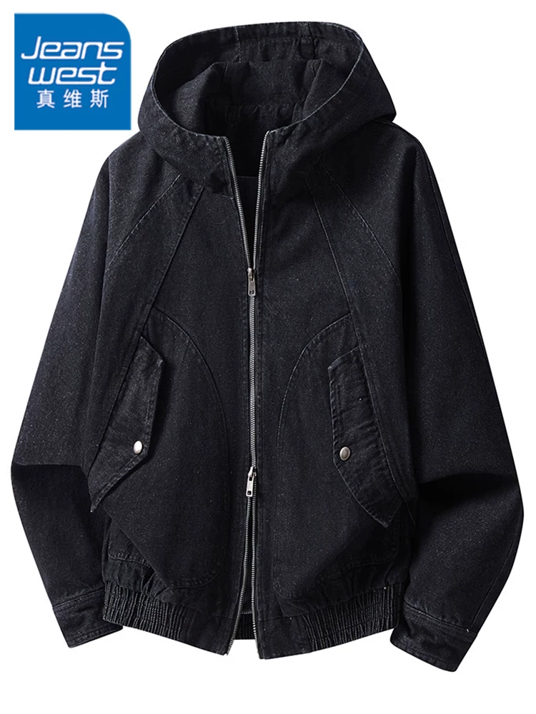 Áo khoác denim có mũ trùm đầu, khóa kéo đôi, phong cách retro Mỹ của Jeanswest dành cho nam, áo khoác thường ngày cao cấp mùa xuân thu.