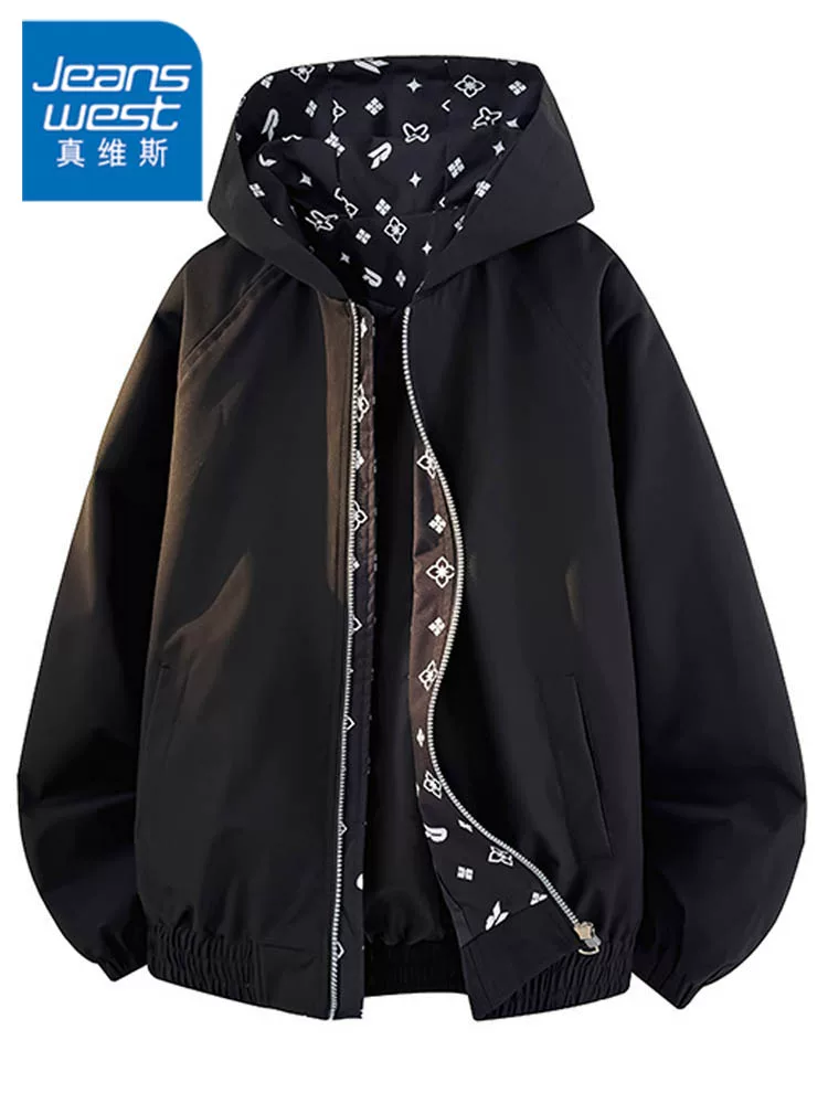 Áo khoác có mũ trùm đầu kiểu Mỹ của Jeanswest dành cho nam, mùa xuân thu, cao cấp, dáng rộng, đa năng, áo khoác màu đen giản dị, cá tính.