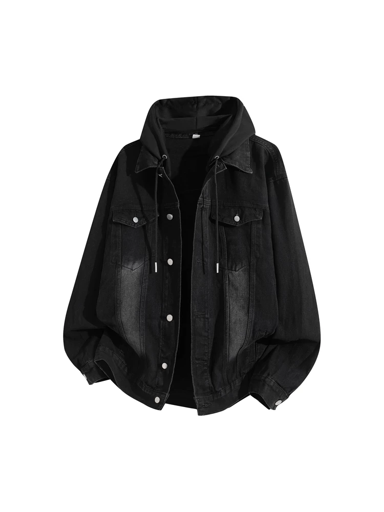 Áo khoác denim giả hai lớp có mũ trùm đầu kiểu Mỹ của Jeanswest dành cho nam, áo khoác thường ngày dáng rộng mùa thu.