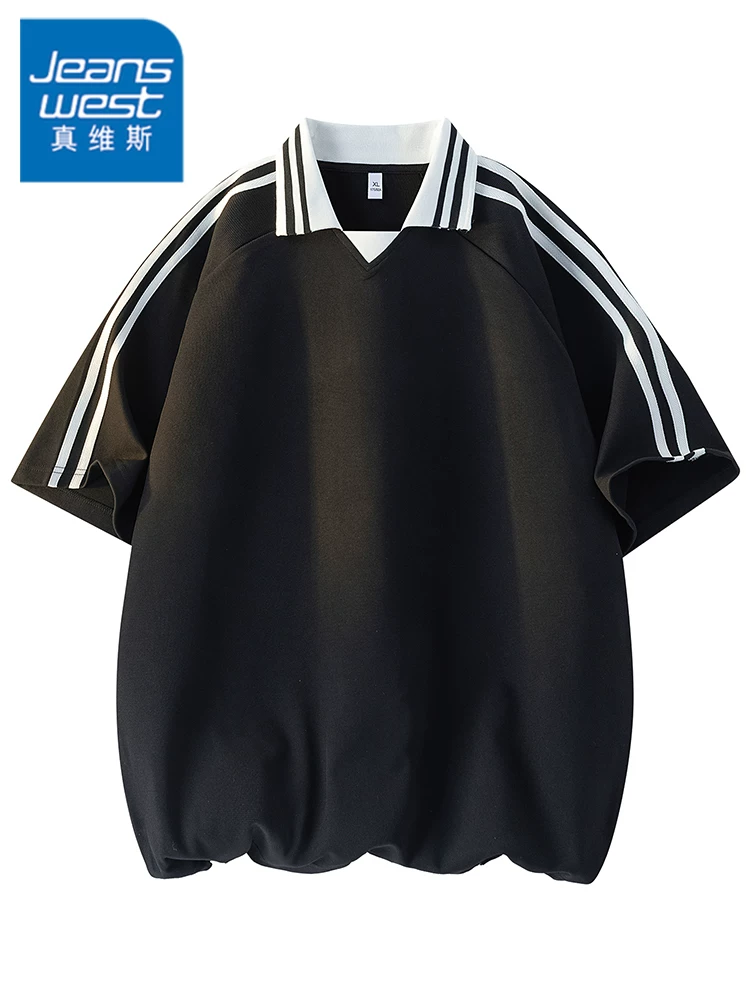 Áo polo kẻ sọc phối màu phong cách Mỹ của Jeanswest dành cho nam, cảm giác cao cấp mùa hè, dáng rộng, thoáng khí, chất liệu lụa băng thân thiện với da, tay ngắn.