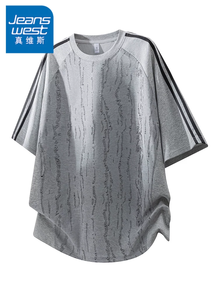 Áo thun cổ tròn sọc rộng kiểu Mỹ của Jeanswest dành cho nam, thương hiệu thời trang cao cấp mùa hè, tay ngắn thoáng khí, thân thiện với làn da.
