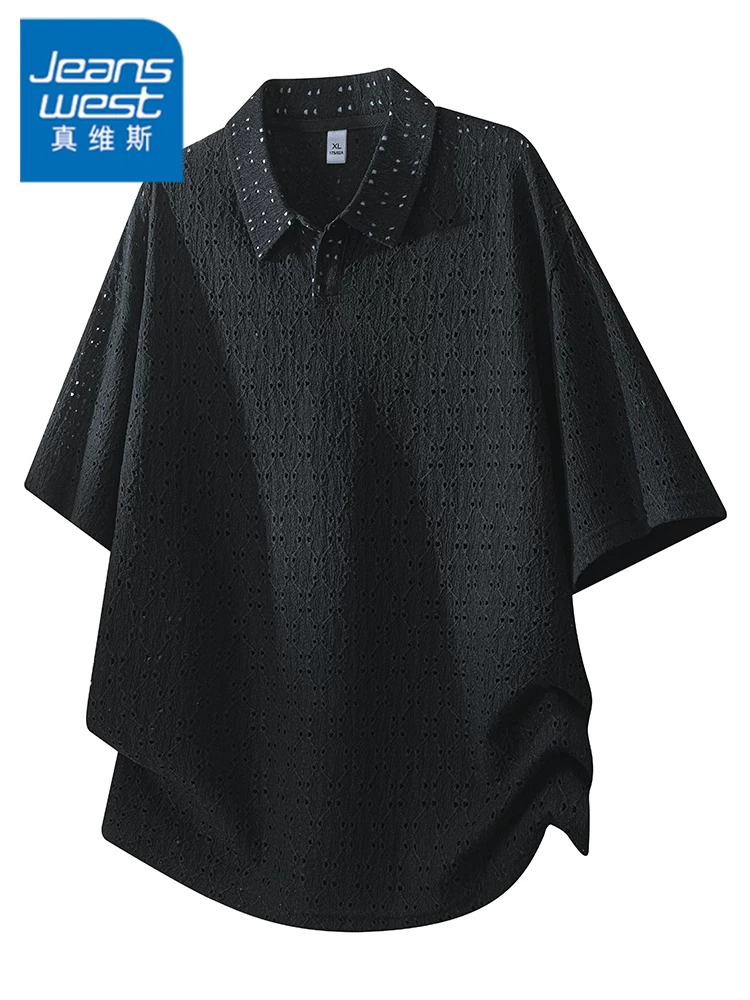 Áo thun nam cổ bẻ ngắn tay cao cấp của Jeanswest, áo thun màu đen thương hiệu thời trang thông thường thoáng khí và rộng rãi dành cho mùa xuân hè.