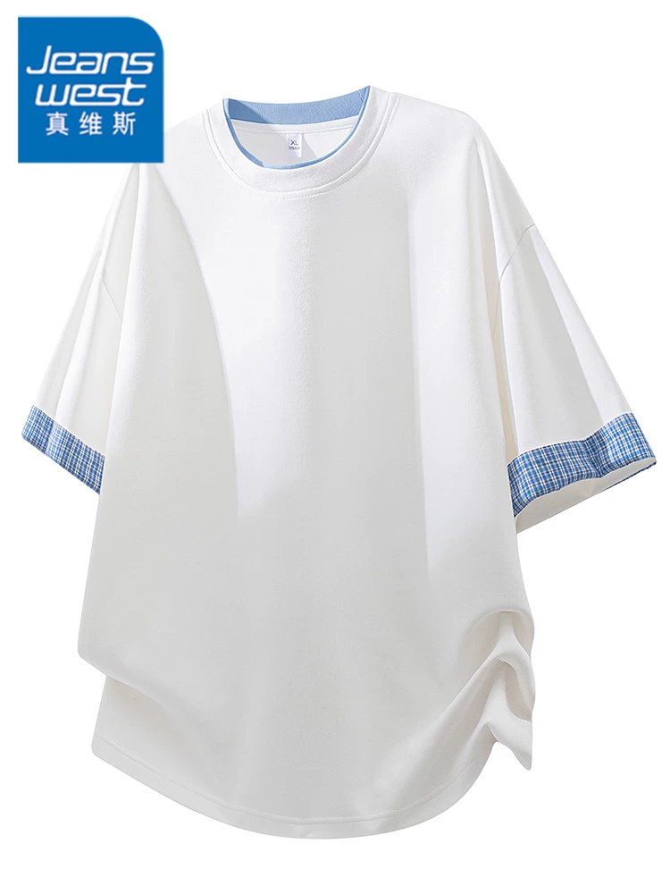 Áo thun giả hai mảnh cổ tròn Jeanswest dành cho nam, thương hiệu thời trang cao cấp mùa hè, thoáng khí và thân thiện với làn da, áo nửa tay.