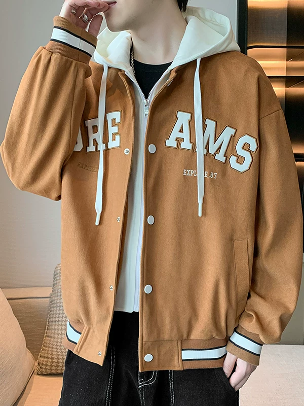 Áo khoác giả hai lớp Jeanswest dành cho nam, kiểu dáng mới mùa xuân thu, áo khoác bóng chày dày có mũ, áo khoác ngoài đa năng, bền bỉ.