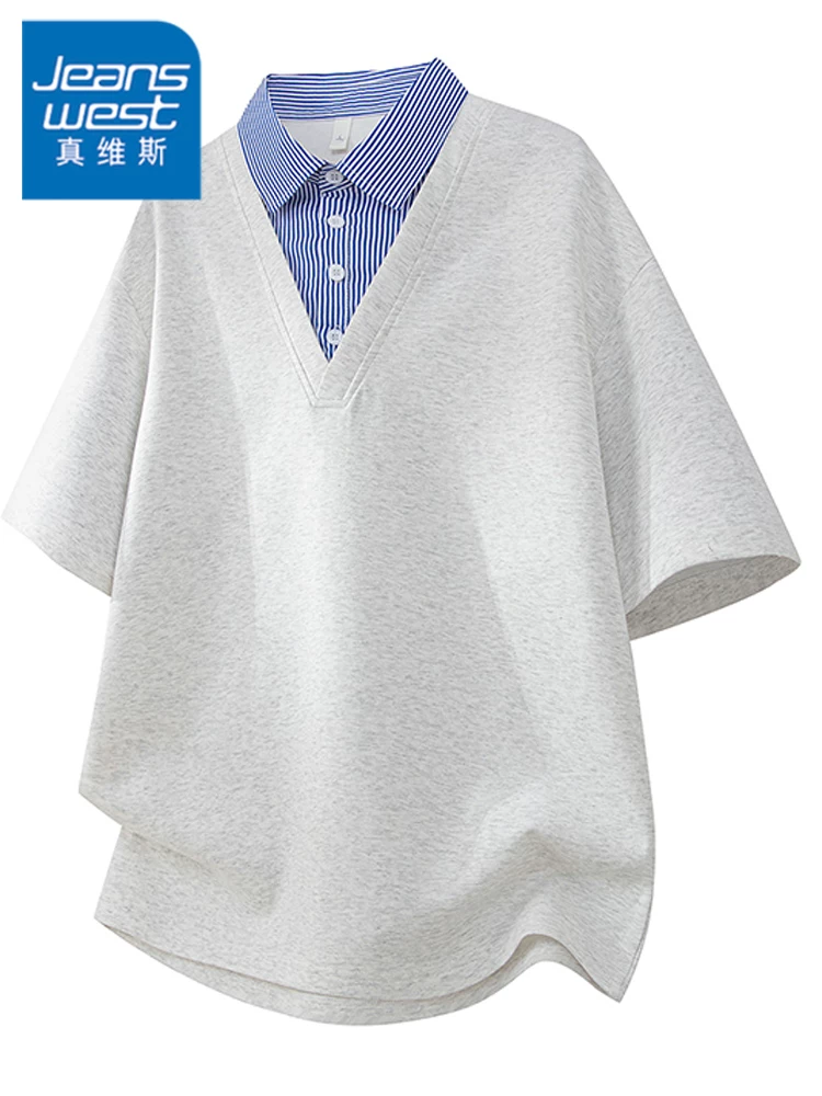 Áo thun giả hai mảnh kẻ sọc màu sắc phong cách Mỹ của Jeanswest dành cho nam, áo polo rộng rãi, thoáng khí, hợp thời trang mùa hè.