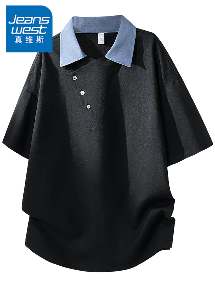 Áo thun ngắn tay cổ bẻ giả hai mảnh phong cách Mỹ của Jeanswest dành cho nam, mùa xuân hè, cảm giác cao cấp, áo kiểu dáng rộng rãi thoải mái.