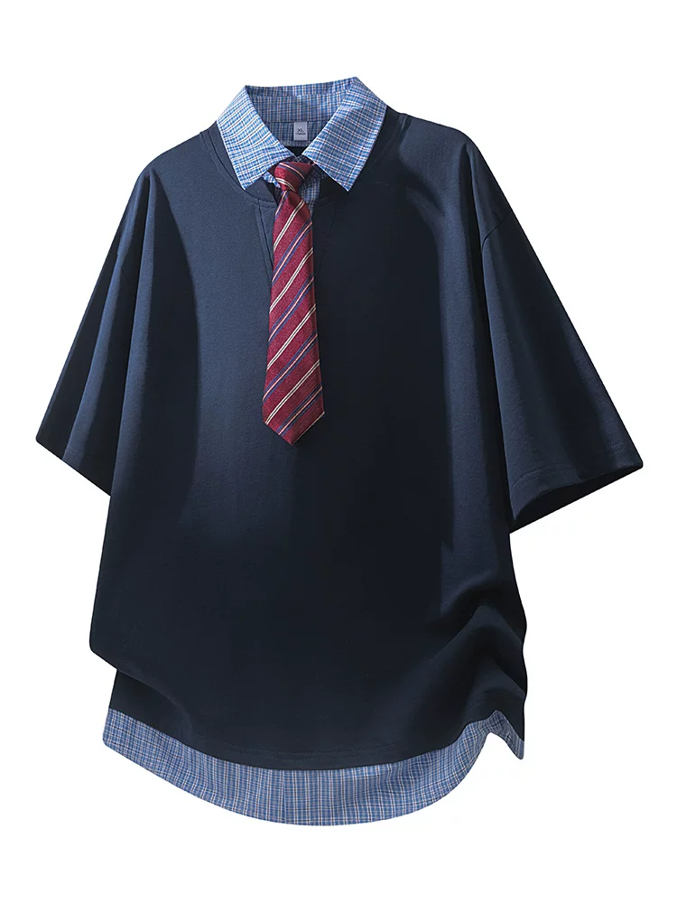 Áo thun POLO giả hai mảnh kiểu Mỹ của Jeanswest dành cho nam, áo thun ngắn tay thoáng khí, dáng rộng, phong cách đại học, mùa hè.