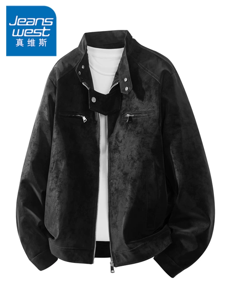 Áo khoác da cổ đứng bằng da lộn phong cách retro của Jeanswest dành cho nam, mùa xuân và mùa thu, thương hiệu thời thượng cao cấp, áo khoác màu đen dáng rộng thoải mái.