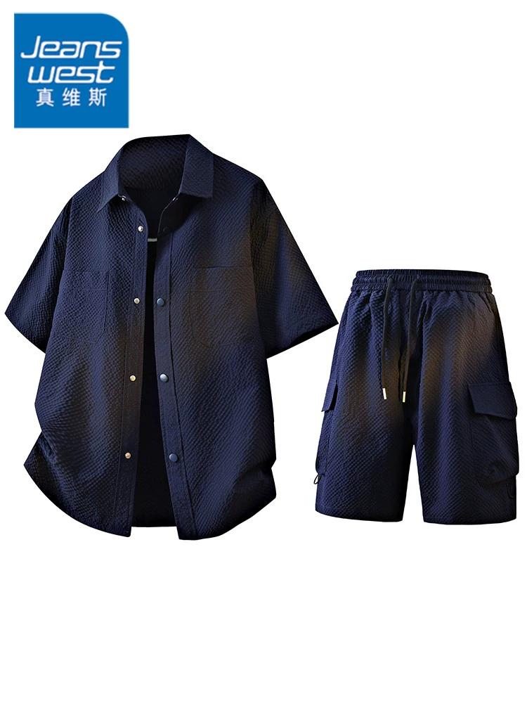 Bộ quần áo hai mảnh Jeanswest 2025 mới dành cho nam, size lớn, đa năng, chất liệu lụa đá mỏng mát mùa hè.
