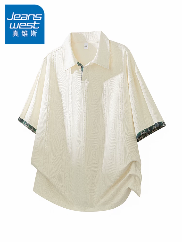 Áo thun nam Jeanswest mùa hè dáng rộng, thoáng khí, thân thiện với da, chất liệu mỏng mát, tay ngắn, phối màu tương phản, chất liệu lụa băng dệt jacquard.
