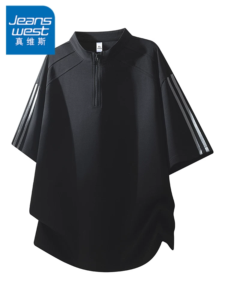 Áo thun nam tay lửng nửa khóa kéo của Jeanswest, áo thun nam màu đen thương hiệu thời trang, rộng rãi, thoáng khí, phong cách thường ngày mùa xuân hè.