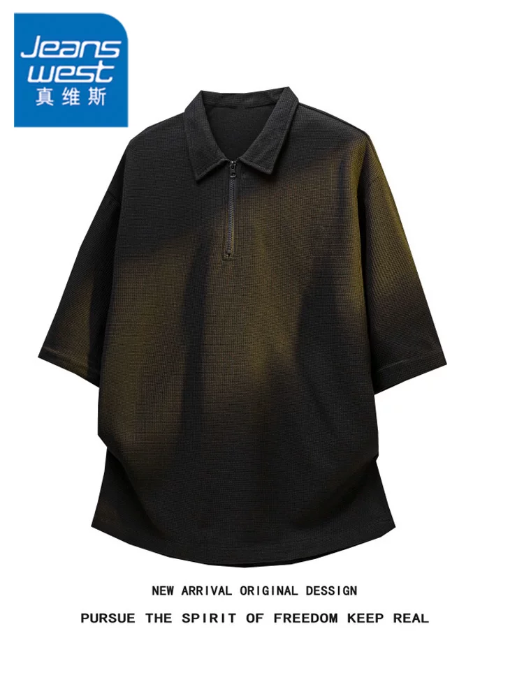 Áo polo nam Jeanswest kiểu Mỹ, màu trơn, nửa khóa kéo, chất liệu cao cấp, dáng rộng, thoáng khí, tay ngắn, mùa hè.