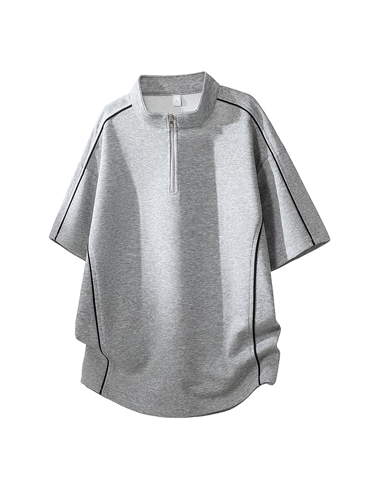 Áo thun cổ tròn kẻ sọc nửa khóa kéo kiểu Mỹ của Jeanswest dành cho nam, áo thun mùa xuân hè rộng rãi, hợp thời trang, thoáng khí.