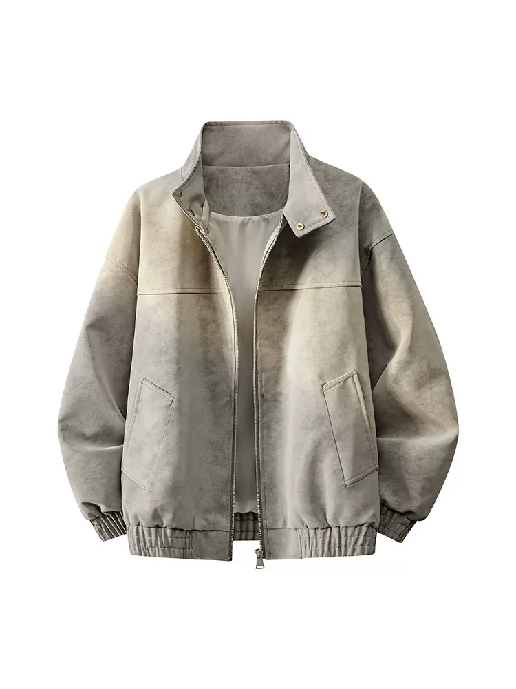Áo khoác da cổ đứng kiểu Mỹ của Jeanswest dành cho nam, mùa xuân thu, dáng rộng, cảm giác cao cấp, áo khoác da thường ngày đa năng.