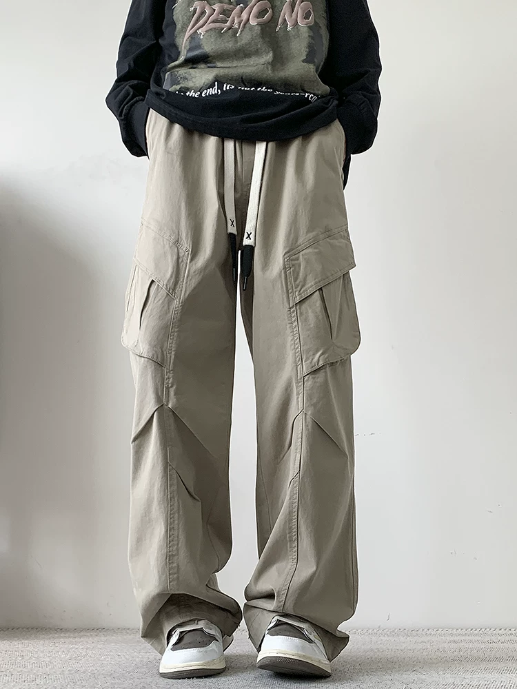 Quần dài công sở ống đứng 100% cotton nguyên chất màu xanh quân đội của Jeanswest dành cho nam, quần dài thường ngày nhiều túi dáng rộng mùa xuân thu.