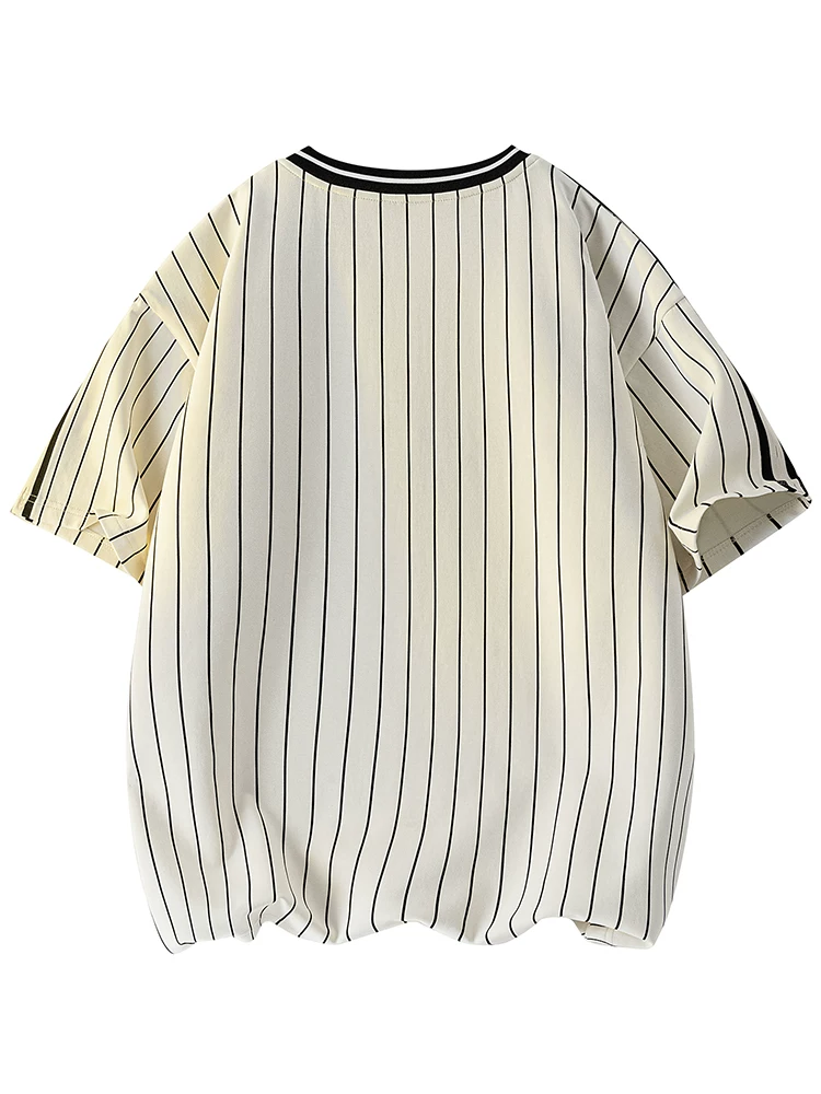Áo thun nam cổ tròn kẻ sọc phong cách Mỹ của Jeanswest, chất liệu lụa băng, kiểu dáng rộng rãi, thời trang, thoáng khí, tay ngắn, mùa hè.