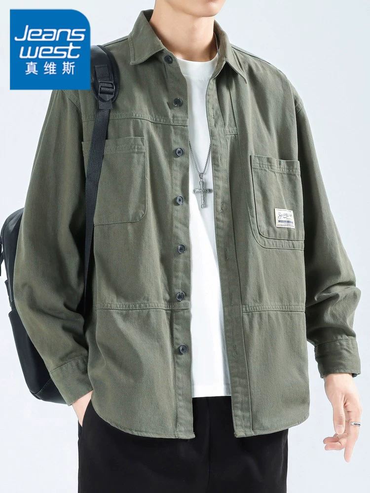 Áo sơ mi cotton nguyên chất Jeanswest màu trơn phong cách Mỹ cổ điển xuân thu nam thời trang thương hiệu áo khoác dáng rộng bộ sưu tập xuân mới 2025