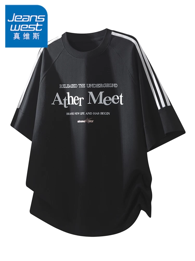 Áo thun cổ tròn ba sọc phong cách Mỹ của Jeanswest dành cho nam, áo thun ngắn tay rộng rãi, thoáng khí, cao cấp, thân thiện với làn da, mùa hè.