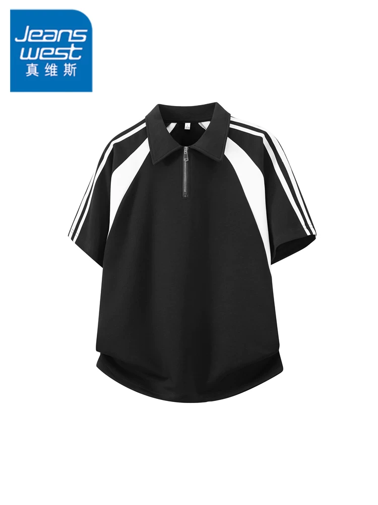 Áo polo nam Jeanswest kiểu Mỹ ba sọc phối màu, khóa kéo nửa thân, áo thun ngắn tay cao cấp thời trang mùa hè, thoáng khí.