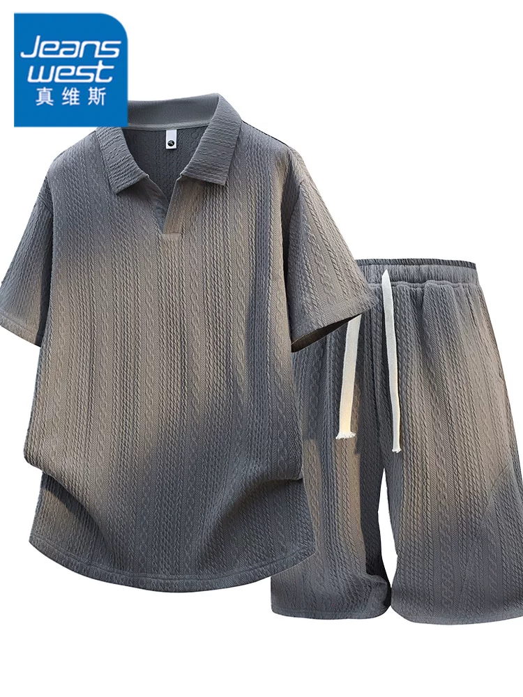 Bộ đồ nam Jeanswest kiểu Mỹ họa tiết tai lúa mì, áo ngắn tay, thiết kế mùa hè cao cấp, rộng rãi, thời trang, thoáng khí, gồm hai món.