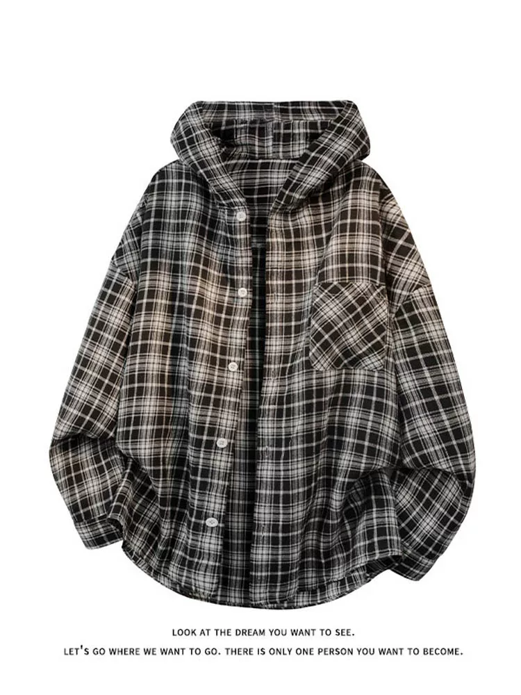 Áo sơ mi kẻ sọc có mũ trùm đầu phong cách retro của Jeanswest dành cho nam, mùa xuân thu, phong cách Mỹ, cao cấp, dáng rộng, giản dị, đa năng.