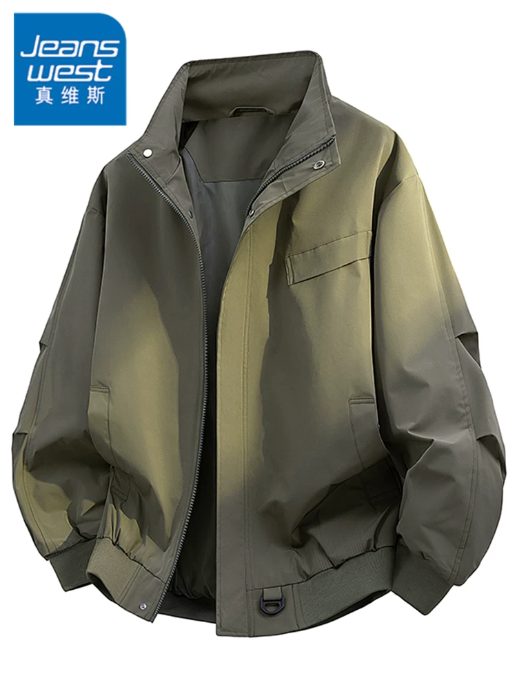 Áo khoác cổ đứng màu xanh quân đội phong cách Mỹ của Jeanswest dành cho nam, mùa xuân và mùa thu, áo khoác ngoài thương hiệu thời trang cao cấp, rộng rãi, hợp thời trang.