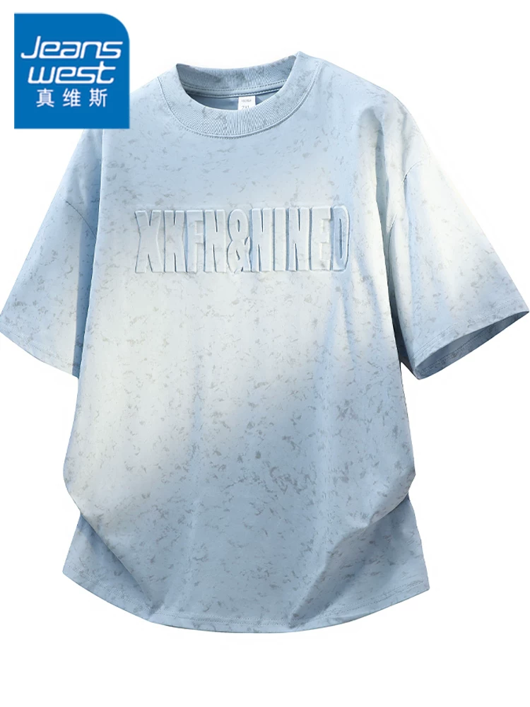 Áo thun cổ tròn in chữ phong cách Mỹ của Jeanswest dành cho nam, thương hiệu thời trang cao cấp mùa hè, chất liệu lụa băng thoáng khí, tay ngắn.
