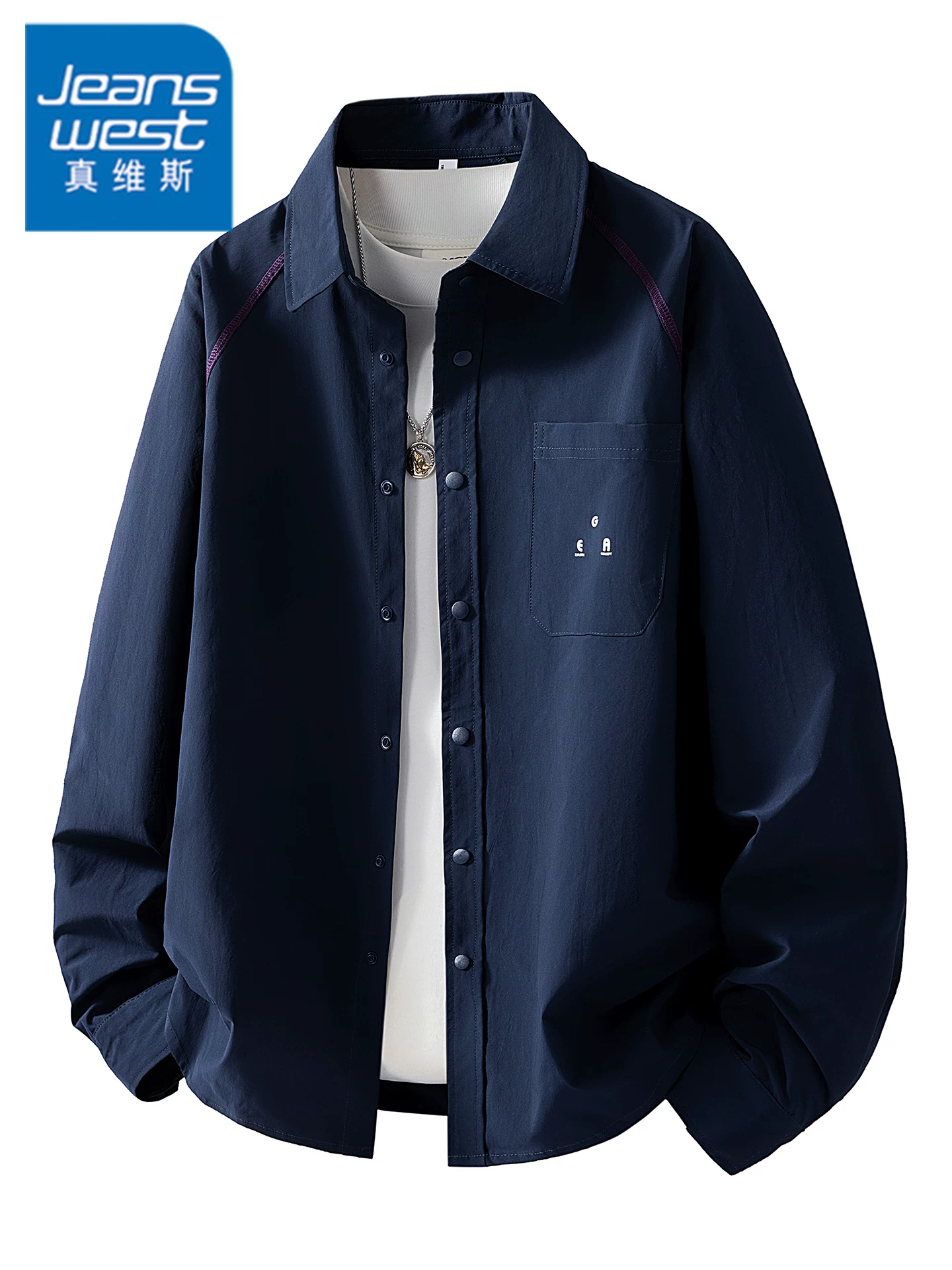 Áo khoác có cổ in chữ thương hiệu thời thượng theo phong cách Mỹ của Jeanswest dành cho nam giới, mùa xuân thu, áo sơ mi dáng rộng cao cấp.