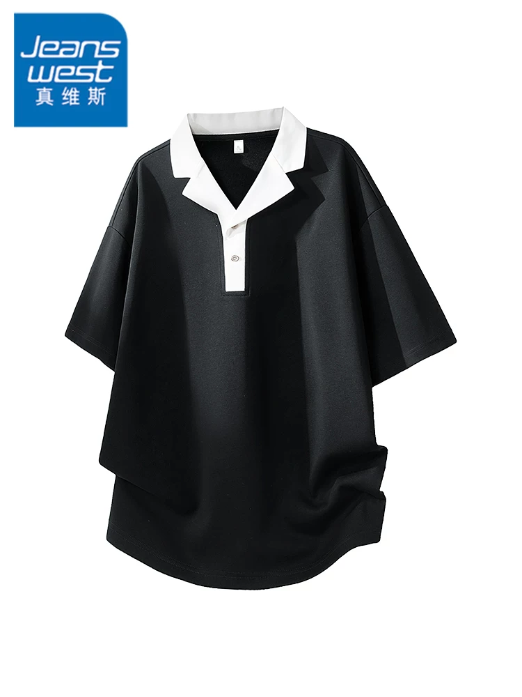 Áo polo nam Jeanswest có cổ bẻ và tay áo dài đến khuỷu tay, áo kiểu dáng rộng rãi, thời trang cao cấp mùa xuân/hè.