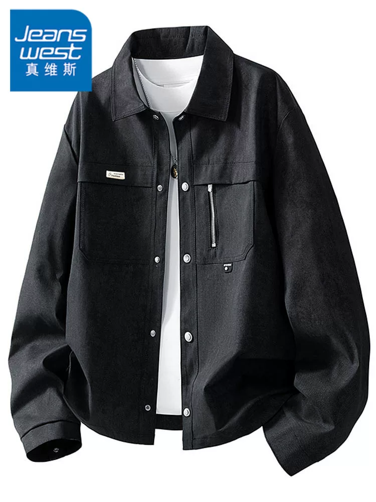 Áo khoác có ve áo thông thường cao cấp của Jeanswest dành cho nam giới, thương hiệu thời trang phong cách Mỹ mùa xuân thu, áo khoác màu đen mát mẻ và rộng rãi.