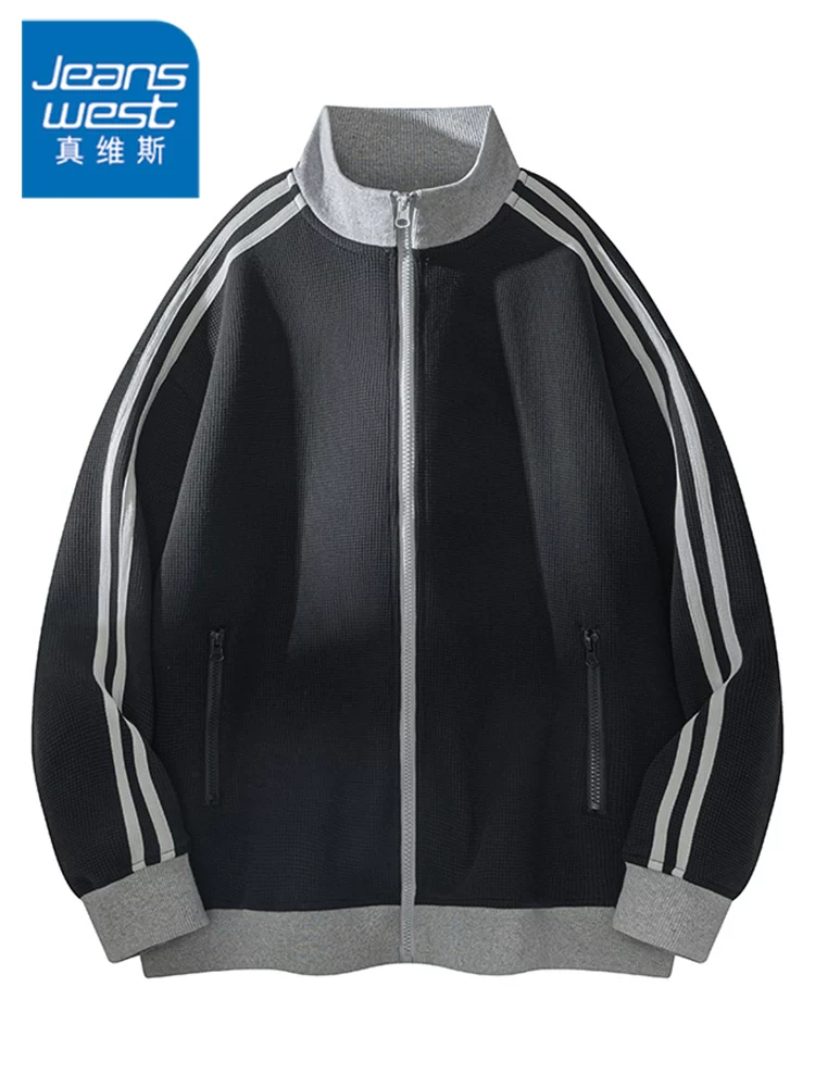 Áo khoác cardigan cổ đứng sọc phối màu cao cấp của Jeanswest dành cho nam, áo khoác có khóa kéo dáng rộng thoải mái cho mùa xuân và mùa thu.