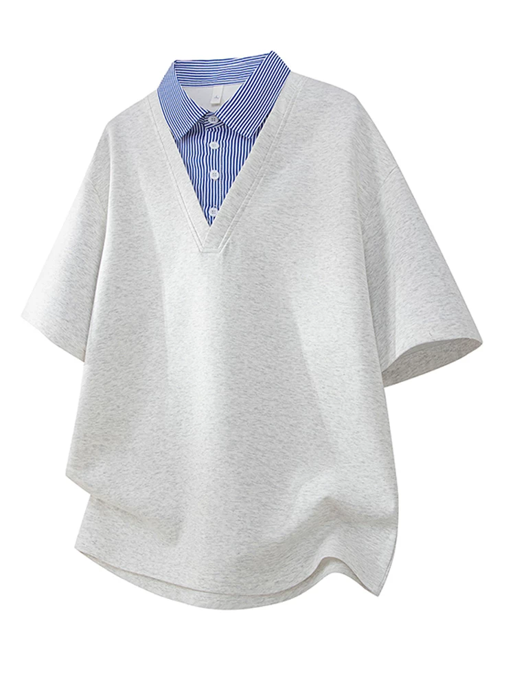 Áo thun giả hai lớp phối màu phong cách Mỹ của Jeanswest dành cho nam, kiểu dáng rộng rãi mùa hè, áo polo cao cấp thời thượng thoáng khí.
