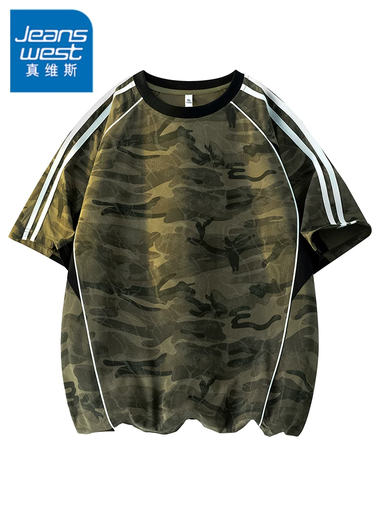 Áo thun cổ tròn kẻ sọc rằn ri phong cách Mỹ của Jeanswest dành cho nam, dáng rộng mùa hè, cảm giác cao cấp, thoáng khí, thân thiện với làn da, tay ngắn nhanh khô.