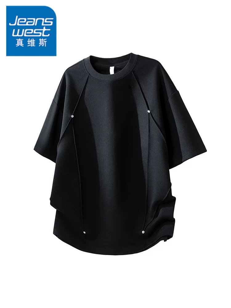 Áo thun cổ tròn màu đen của Jeanswest dành cho nam, thương hiệu thời trang cao cấp mùa hè, áo ngắn tay rộng rãi và thoáng khí.