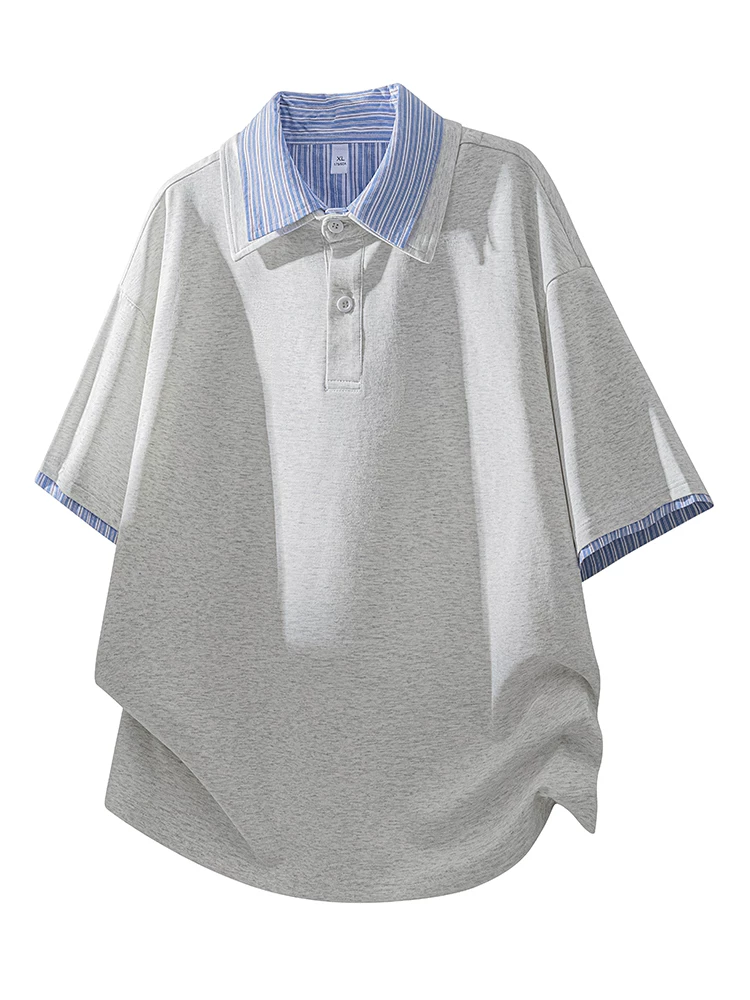 Áo polo ngắn tay giả hai mảnh sọc phối vải của Jeanswest dành cho nam, áo mùa xuân hè rộng rãi, thoải mái, thoáng khí.