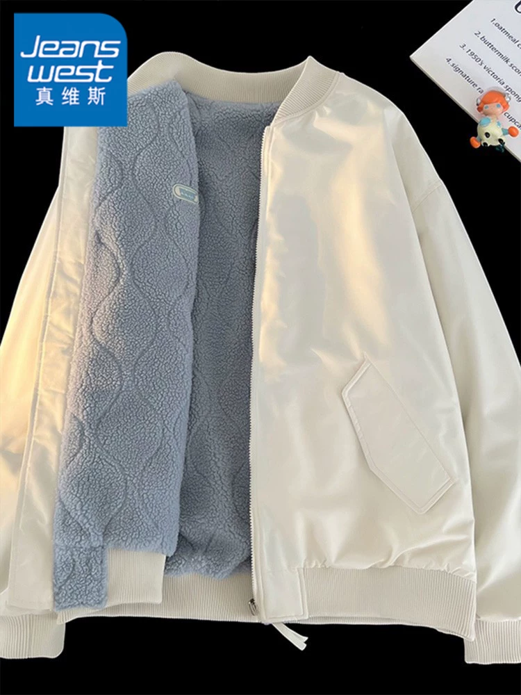 Áo khoác lông cừu chống gió hai mặt kiểu Mỹ của Jeanswest dành cho nam, áo khoác thường ngày ấm áp màu trơn mùa thu đông.