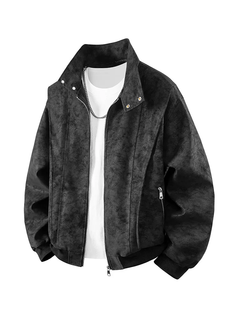 Áo khoác da nam Jeanswest 2026 kiểu mới, cổ đứng, nhuộm tie-dye, mùa xuân thu, dáng rộng thời trang, đa năng, phong cách casual.